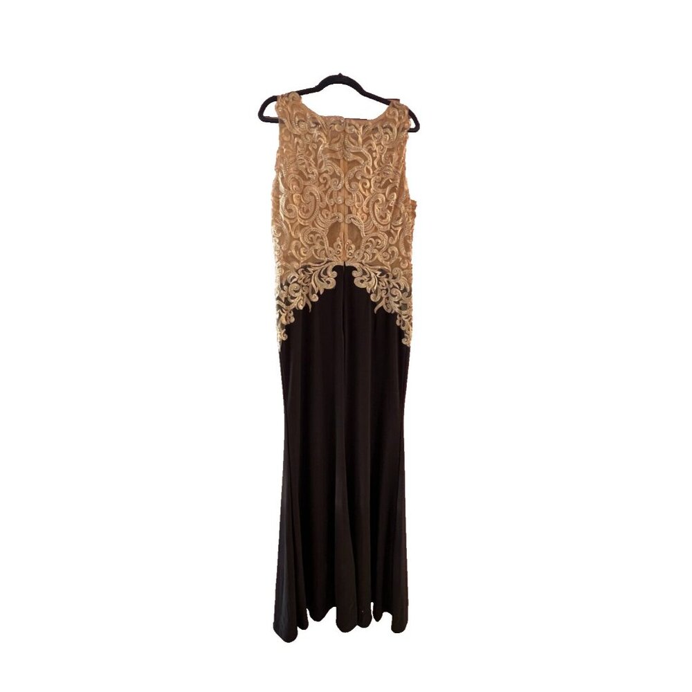 Elegant Sz 2XL Black-Sheer Gold Crystal Studded Evening Gown Ball Flattering